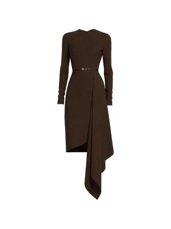brown draped midi dress Elie Saab Belted | Elegant Long-Sleeve Floral Slim-Fit The asymmetric draped midi Color:M-Grape Product type: