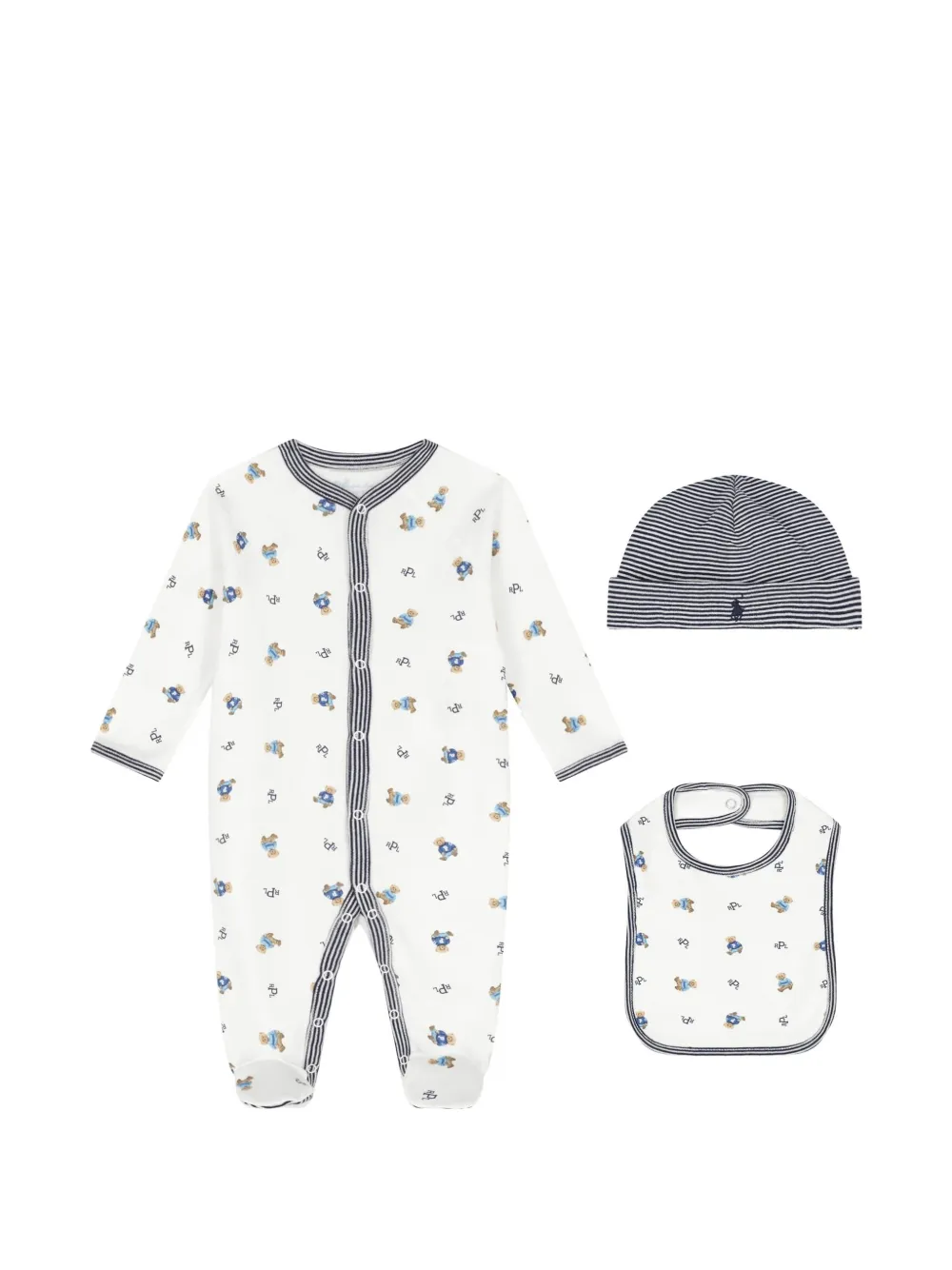 POLO RALPH LAUREN KIDS Gestreiftes Strampler-Set mit Teddy-Print - Weiß