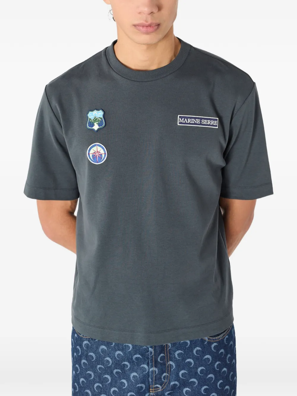 Marine Serre Scout Patches T-shirt met ronde hals Blauw