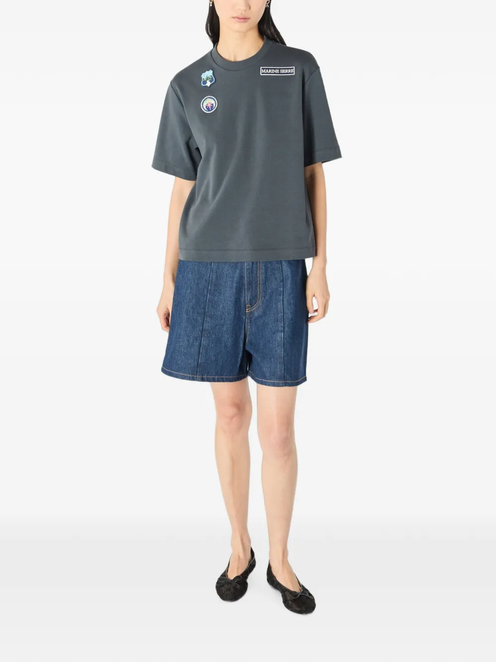 Marine Serre Scout Patches T-shirt met ronde hals Blauw