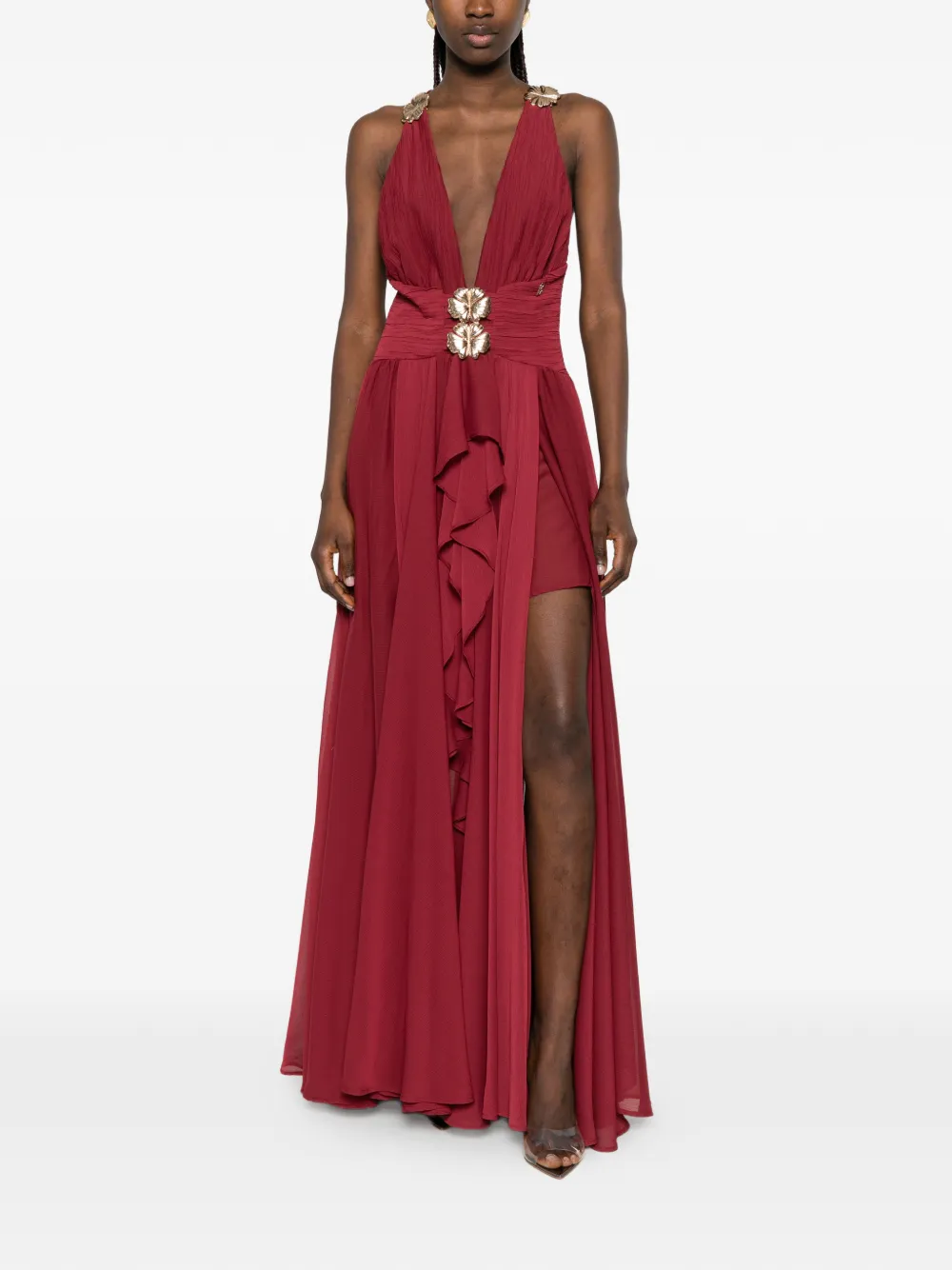 Babylone Paris Maxi-jurk verfraaid met bloemen en ruches Rood