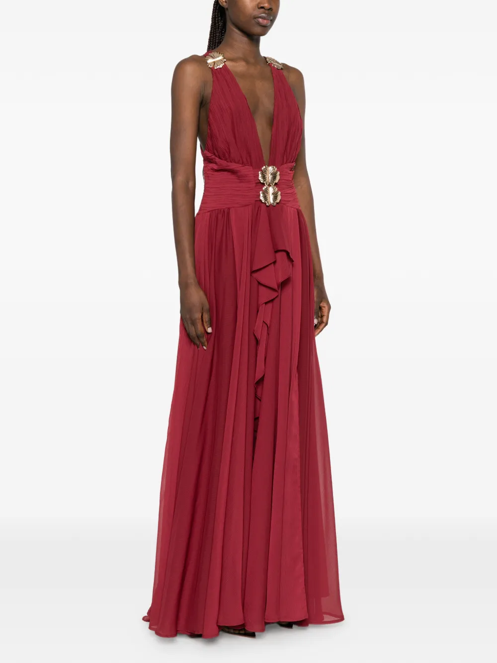 Babylone Paris Maxi-jurk verfraaid met bloemen en ruches Rood
