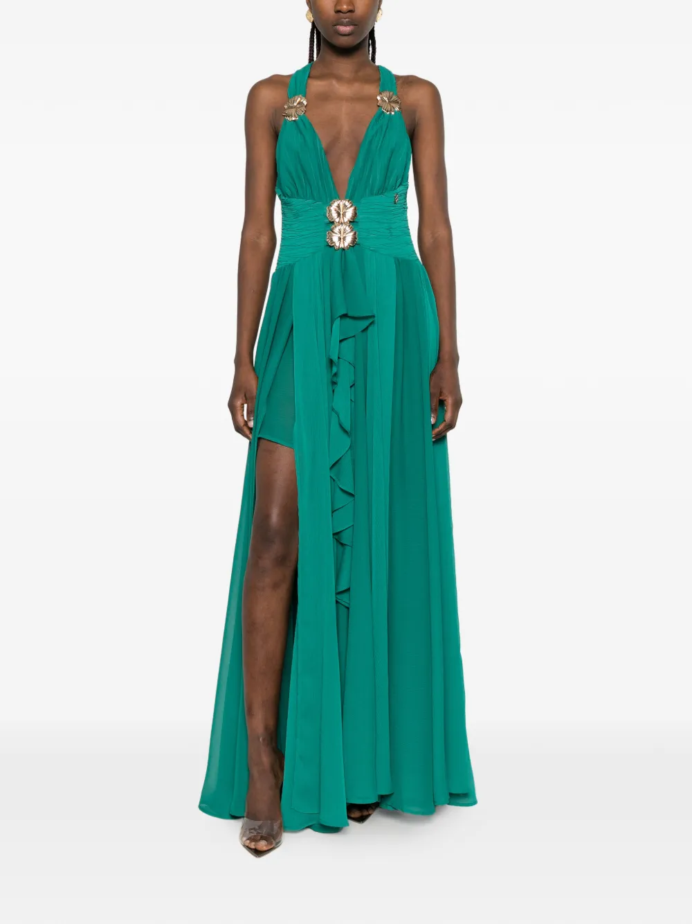 Babylone Paris Maxi-jurk verfraaid met bloemen en ruches Groen