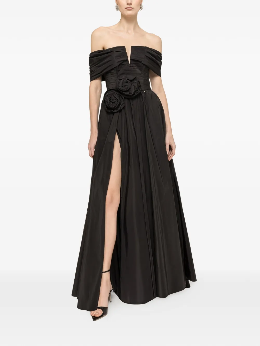 NISSA Taffeta maxi-jurk met bloemen-patch Zwart