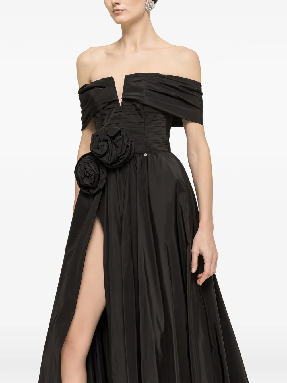 NISSA Taffeta maxi-jurk met bloemen-patch Zwart