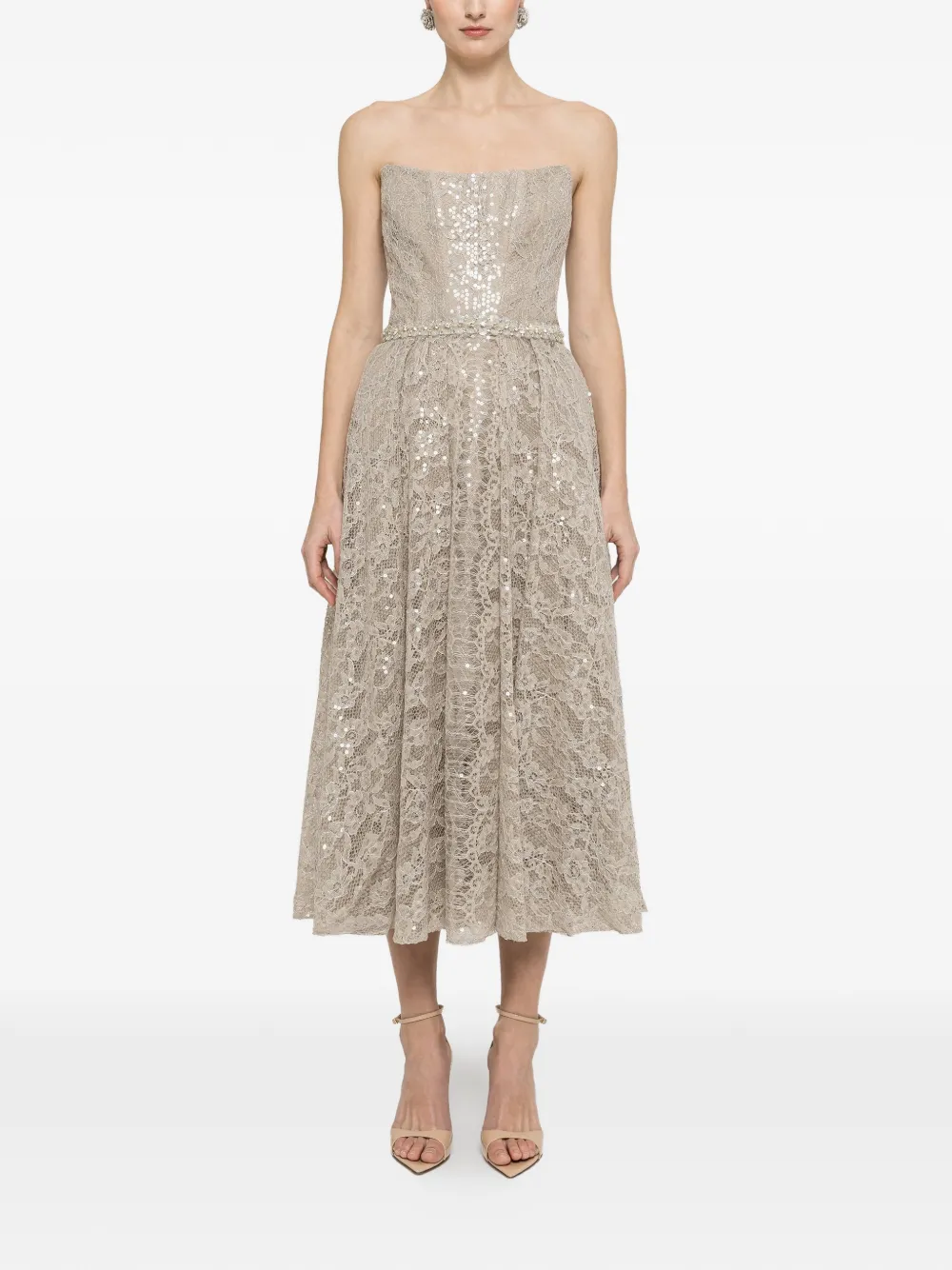 NISSA Midi-jurk met pailletten en kant Beige
