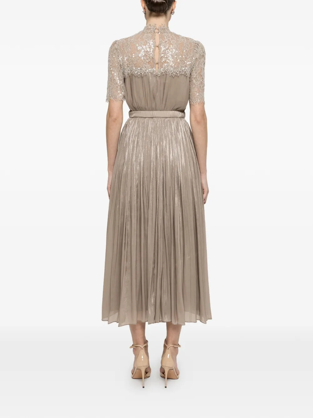 NISSA Chiffon midi-jurk met kanten vlak Beige