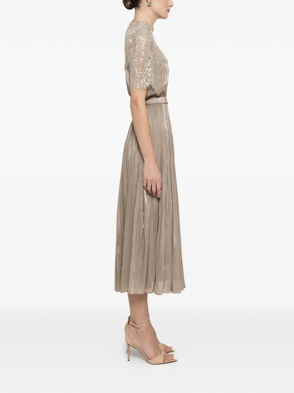  Nissa Lace Panel Pleated Midi Dress - Neutrals 