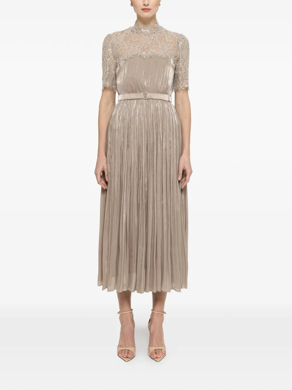  Nissa Lace Panel Pleated Midi Dress - Neutrals 