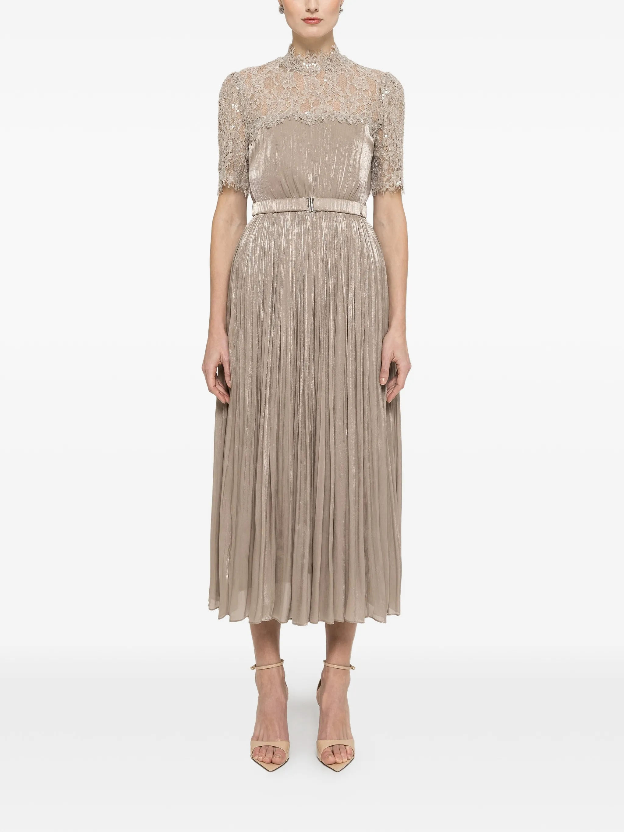NISSA lace panel pleated midi dress