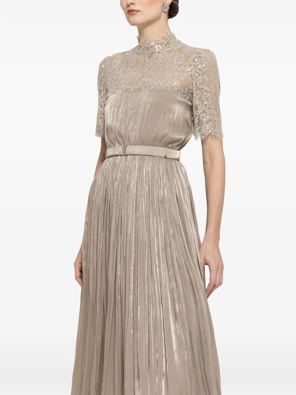 NISSA lace panel pleated midi dress - Neutrals