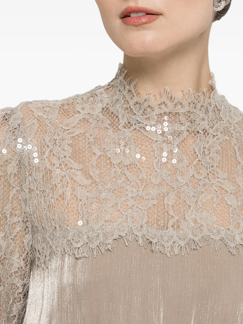 NISSA Chiffon midi-jurk met kanten vlak Beige
