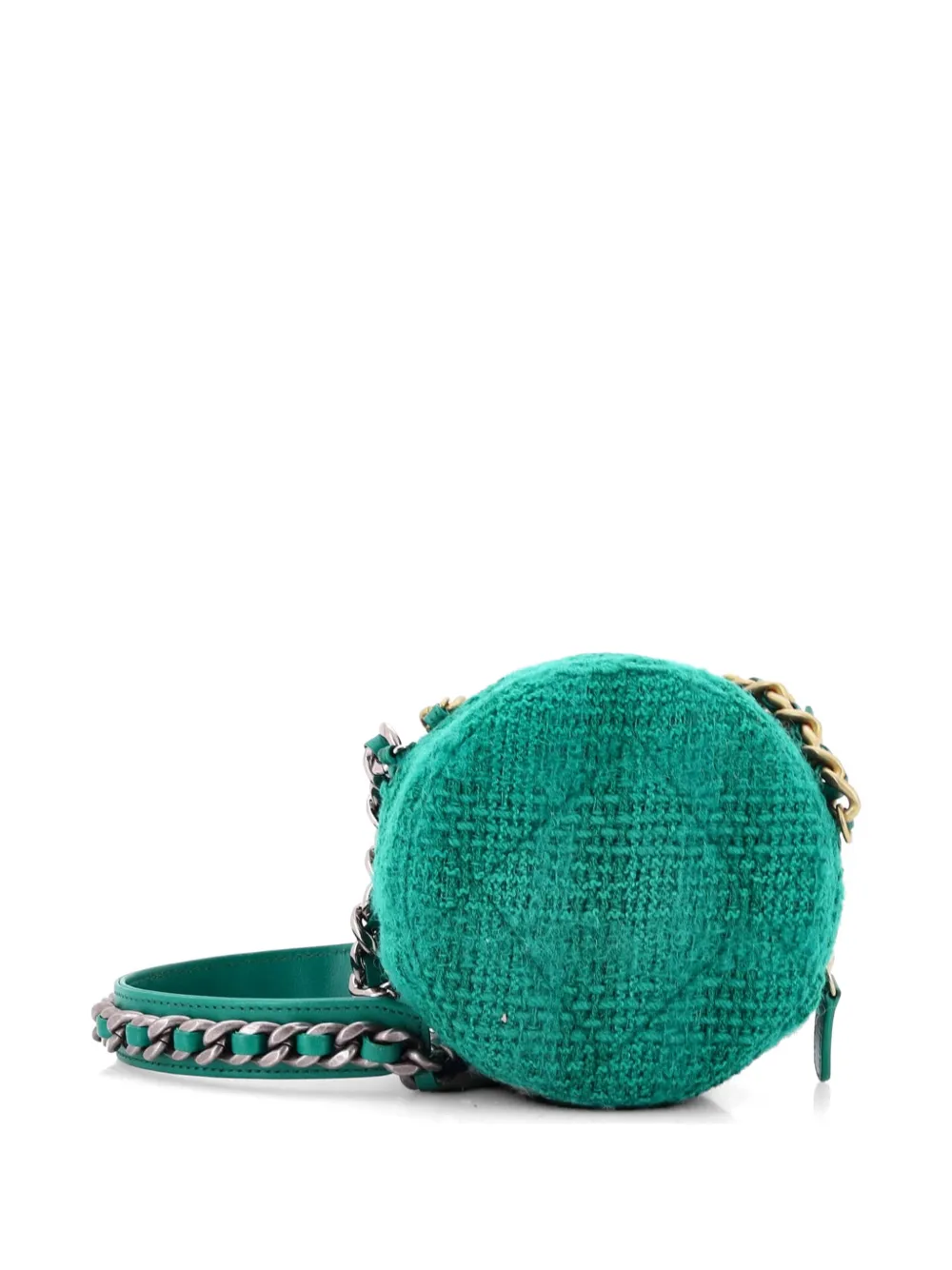  Chanel Pre-owned 19 Round Clutch With Chain And Coin Purse Quilted Tweed And Lambskin Crossbody Bag - Green 