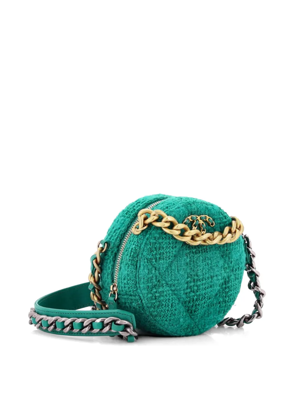  Chanel Pre-owned 19 Round Clutch With Chain And Coin Purse Quilted Tweed And Lambskin Crossbody Bag - Green 