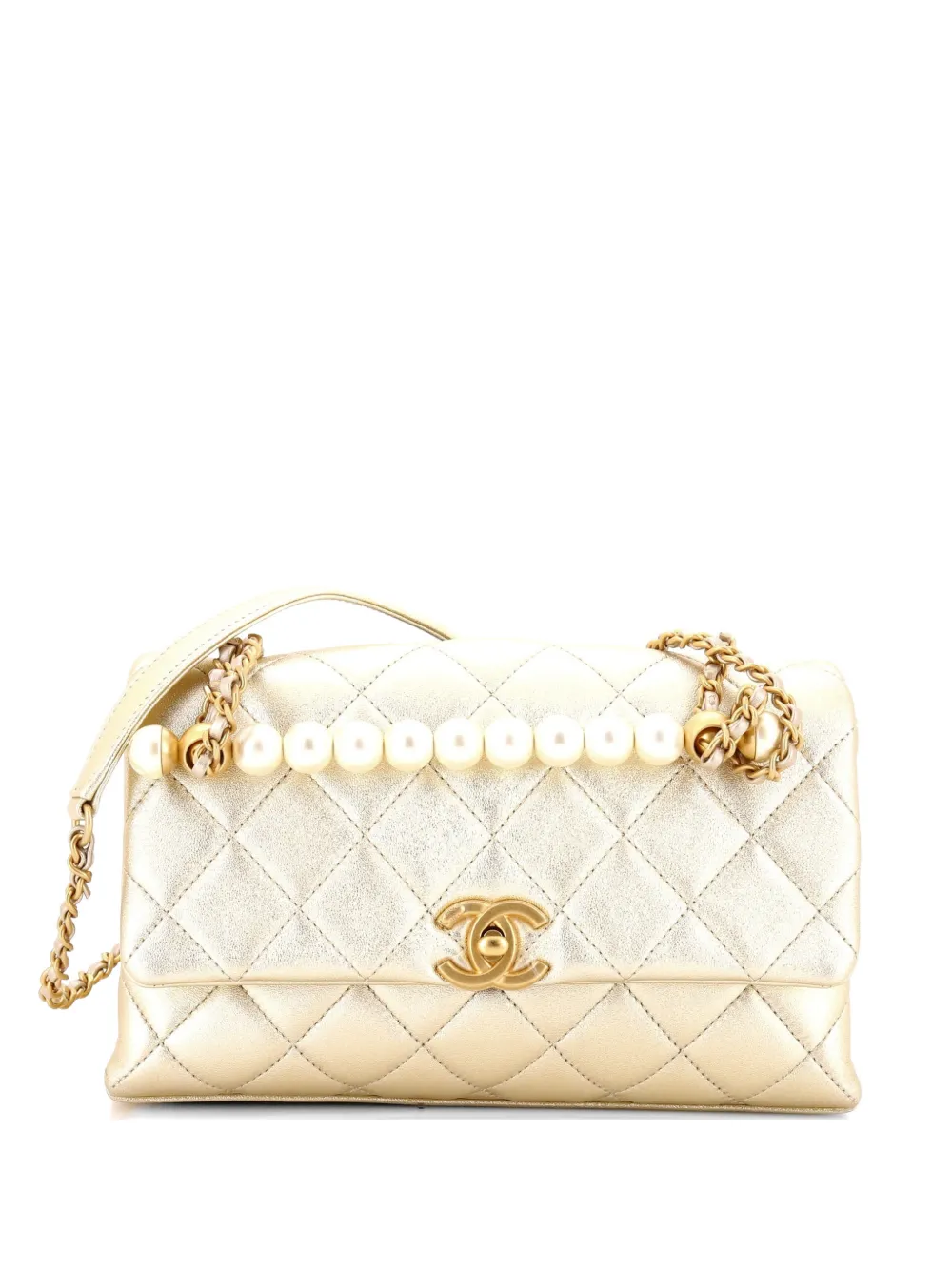 CHANEL Pre-Owned Chic Pearls Handle Flap Bag Quilted Shiny Lambskin Small shoulder bag - Oro