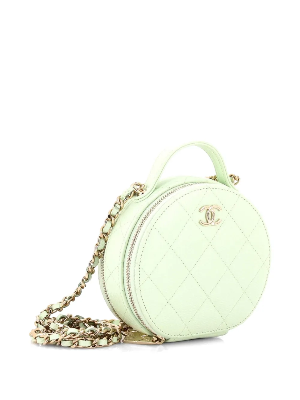  Chanel Pre-owned Handle With Care Round Vanity Case With Chain Quilted Caviar Small Crossbody Bag - Green 