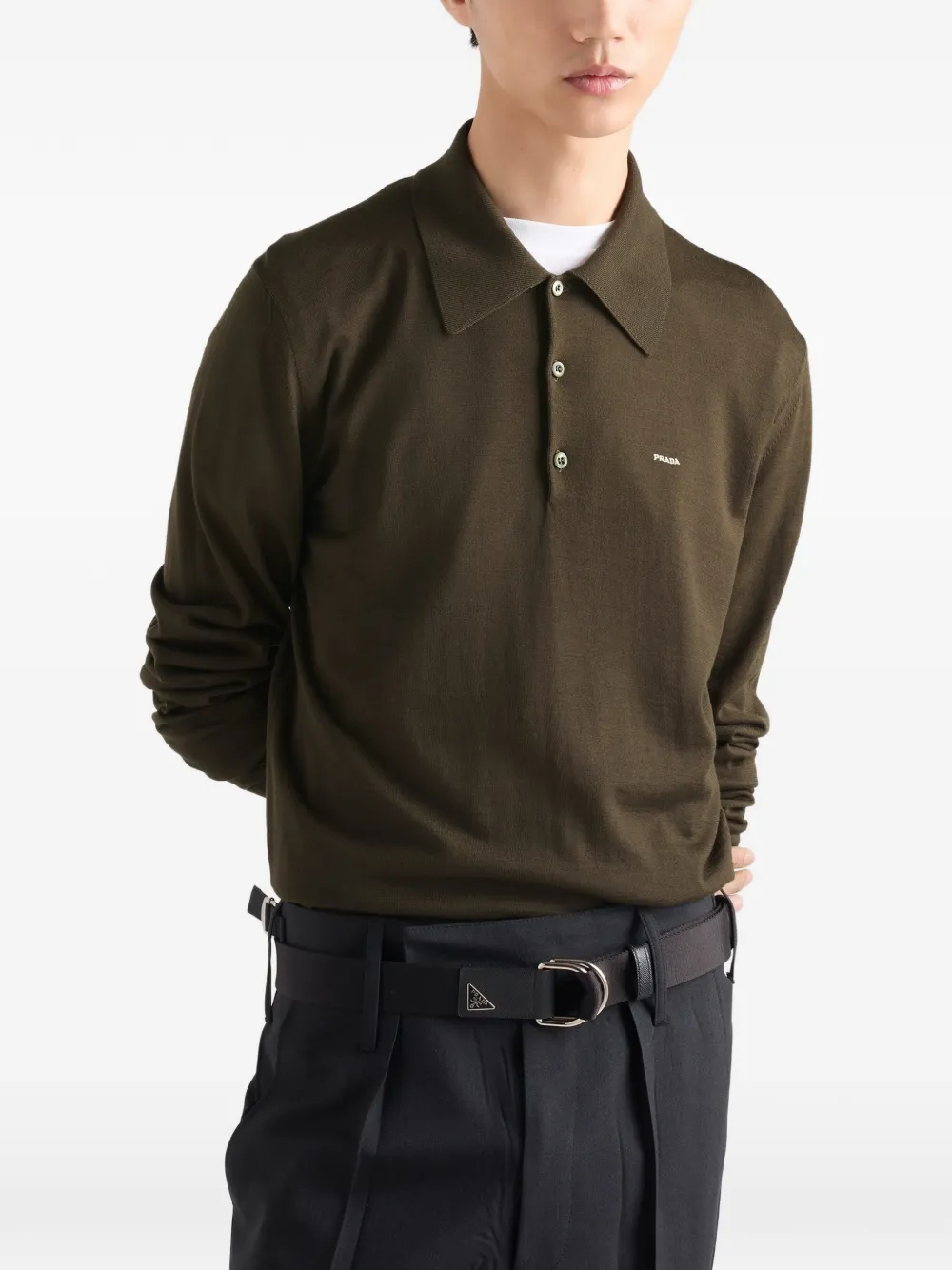  Prada Long-sleeved Superfine Wool Polo Sweater - Green 