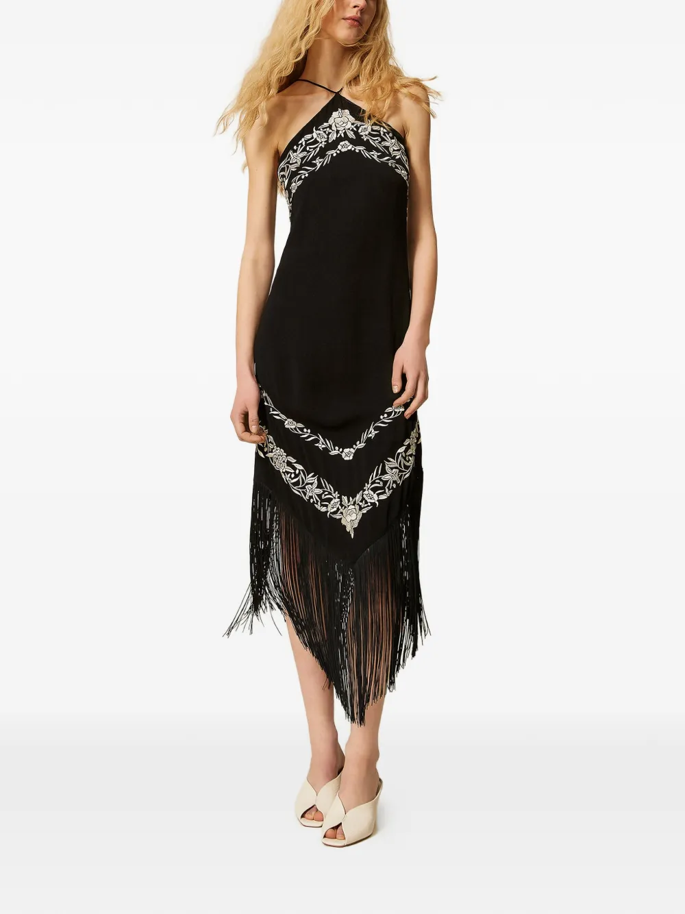 TWINSET flower-embroidered midi dress - Nero