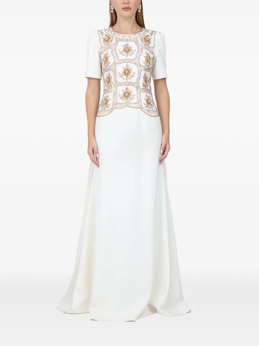 Dina Melwani Abito con ricamo a fiori - Bianco