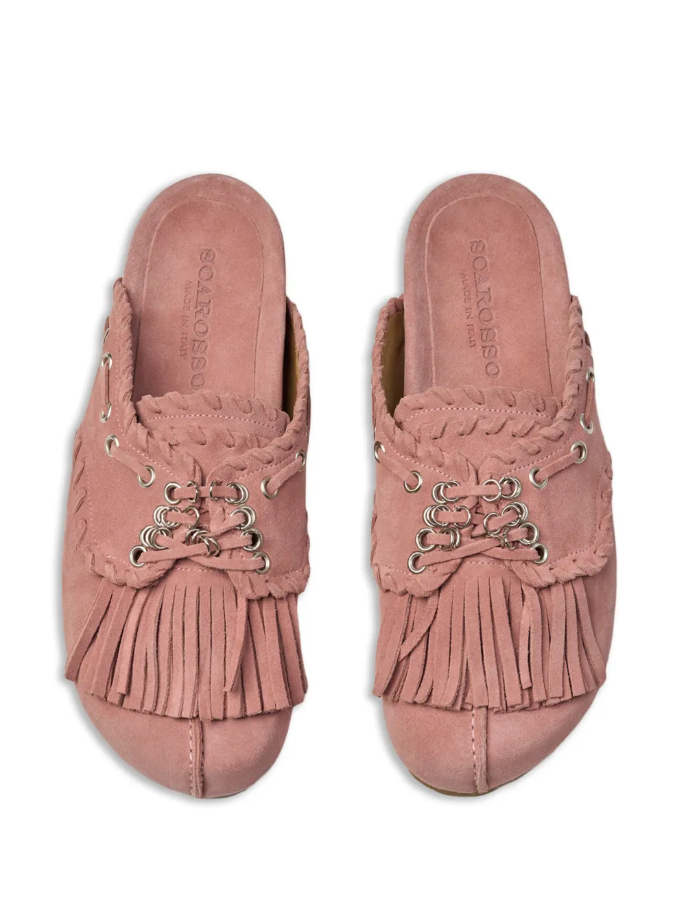 Scarosso Flora suède muiltjes met franje Roze