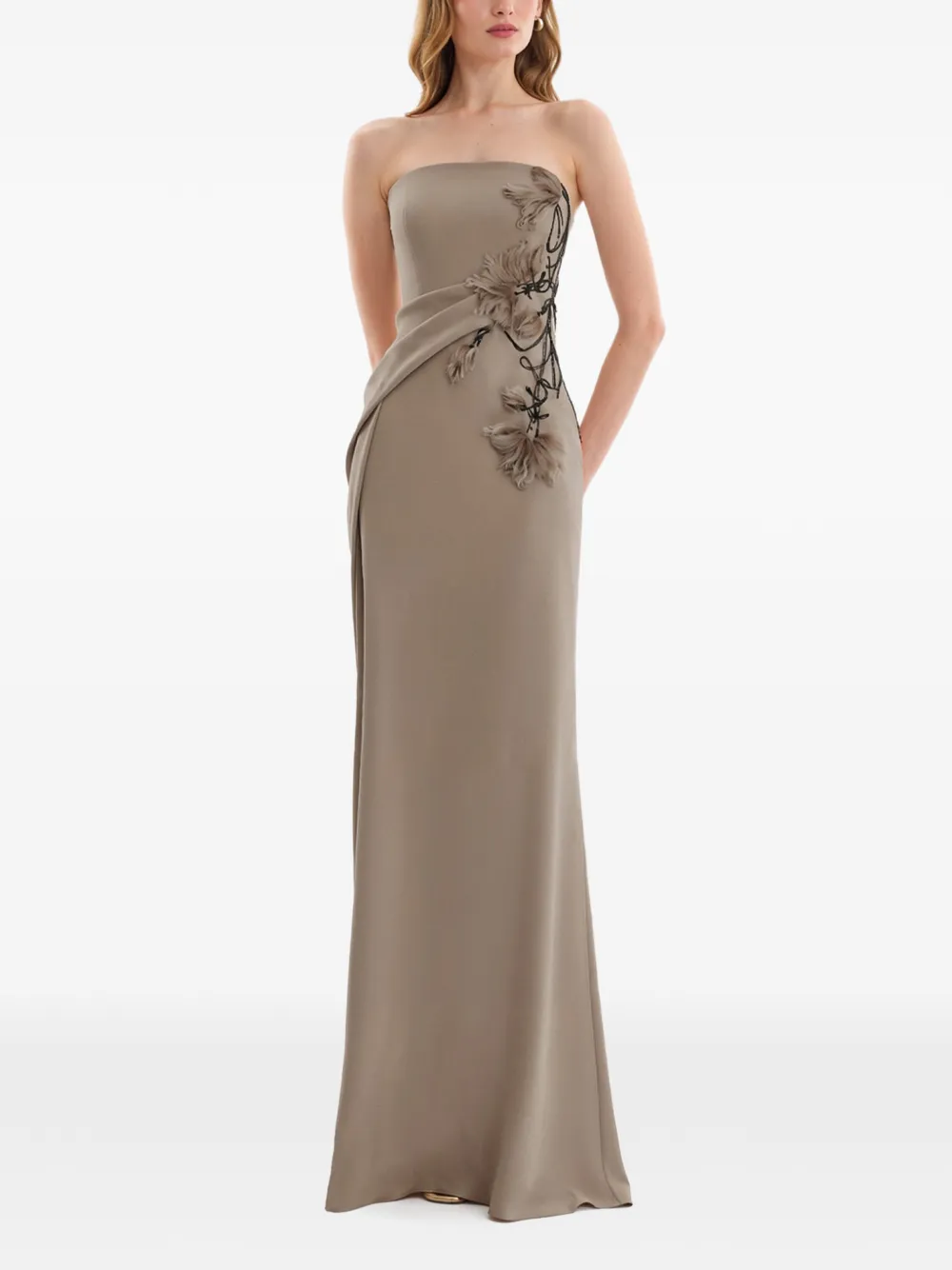Gemy Maalouf Strapless maxi-jurk met kralen en bloemenprint Beige