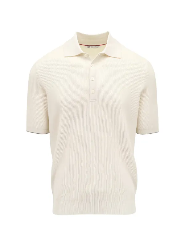 Brunello Cucinelli Cotton Half English Rib Knit Polo Shirt in Neutrals