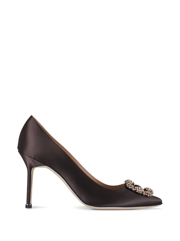 Manolo Blahnik HANGISI 90 Satin Embellished Pumps in Brown
