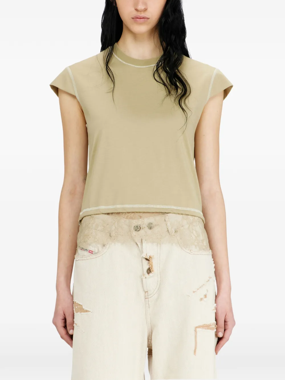 Diesel Jersey T-shirt met kanten afwerking Beige