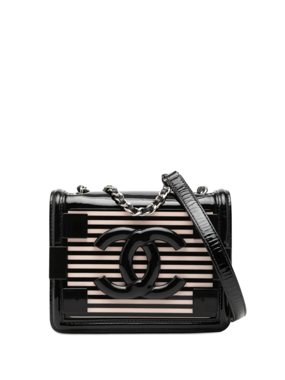 CHANEL Pre-Owned 2014 Mini Patent and Acrylic Striped Boy Brick Flap crossbody bag - Nero
