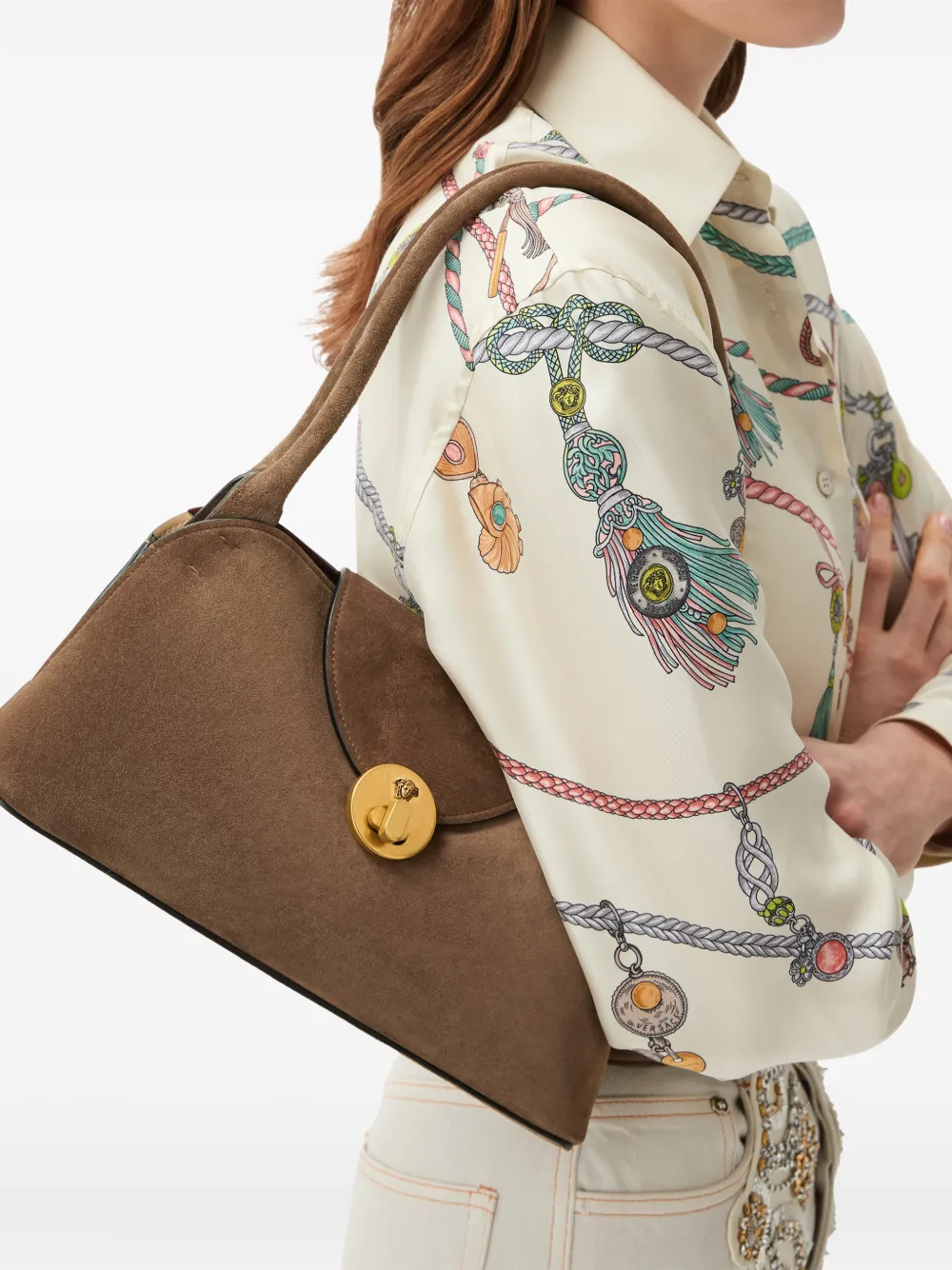 Versace Vivian Crosta East-West kleine suède schoudertas Bruin