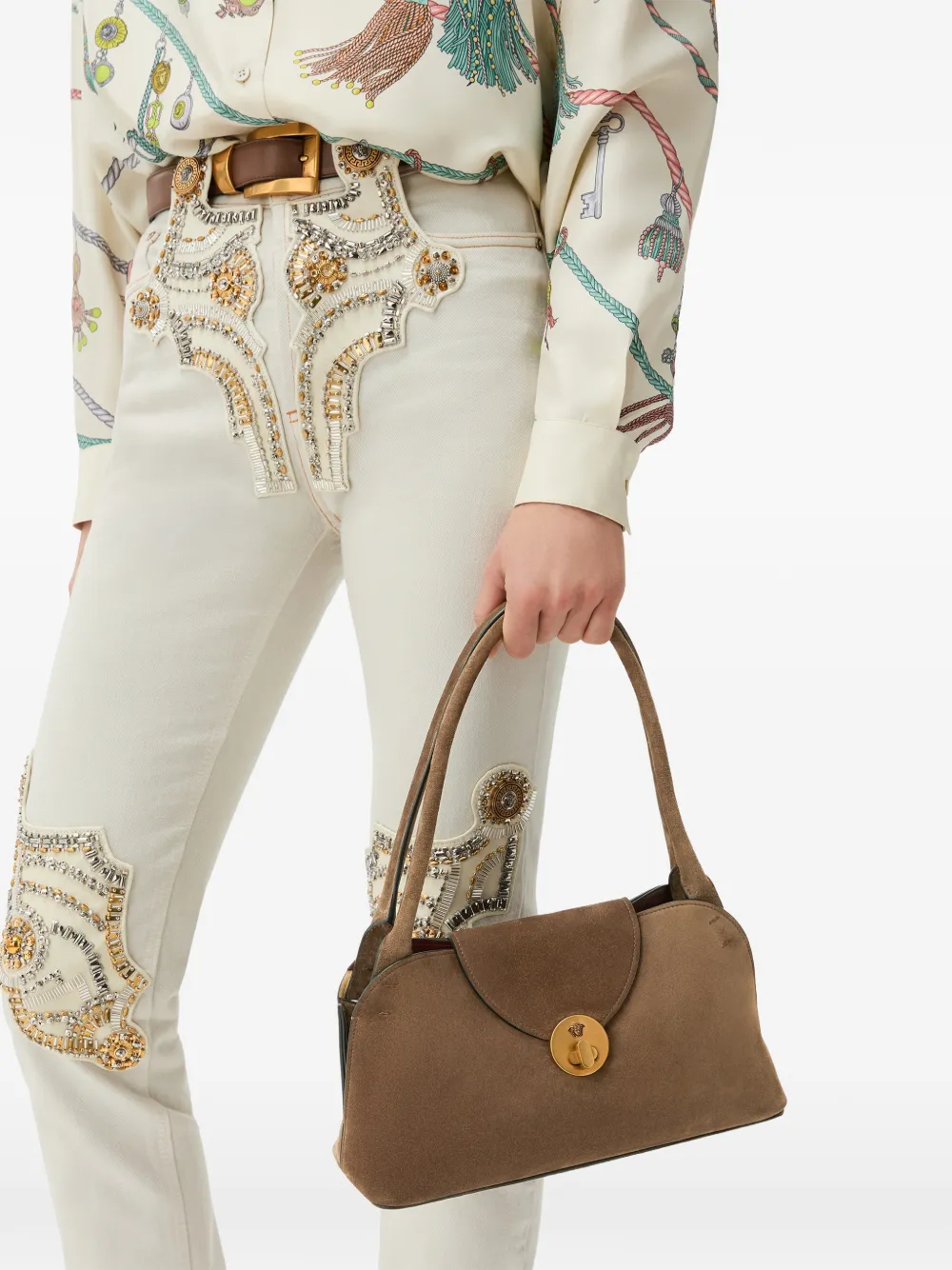 Versace Vivian Crosta East-West kleine suède schoudertas Bruin