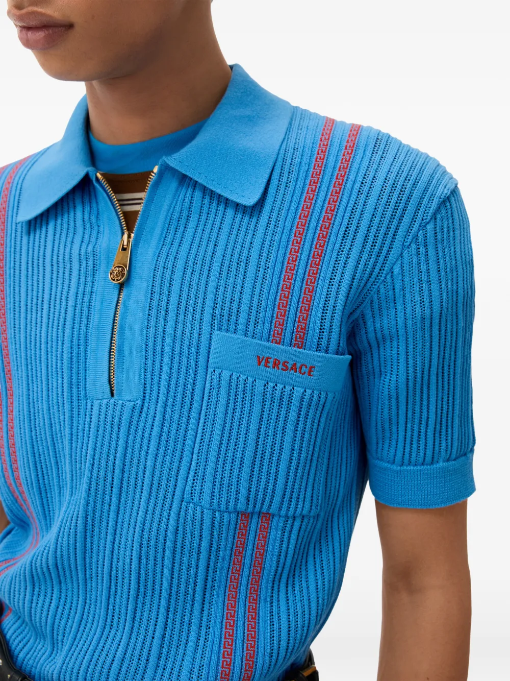 Versace Poloshirt met Greca-patroon en rits Blauw