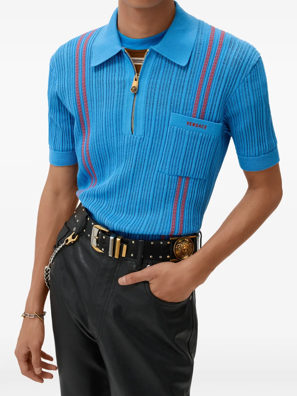 Versace Poloshirt met Greca-patroon en rits Blauw