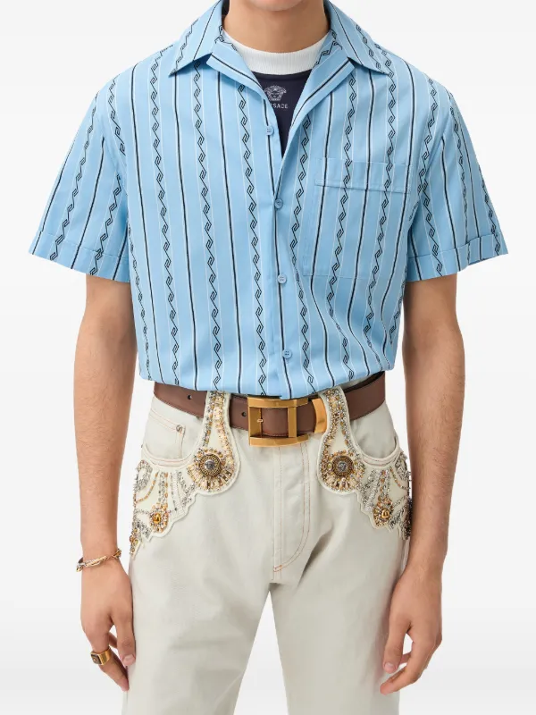 versace short sleeve dress shirt Versace Men's Le Maschere Silk Foulard Short-Sleeve Shirt