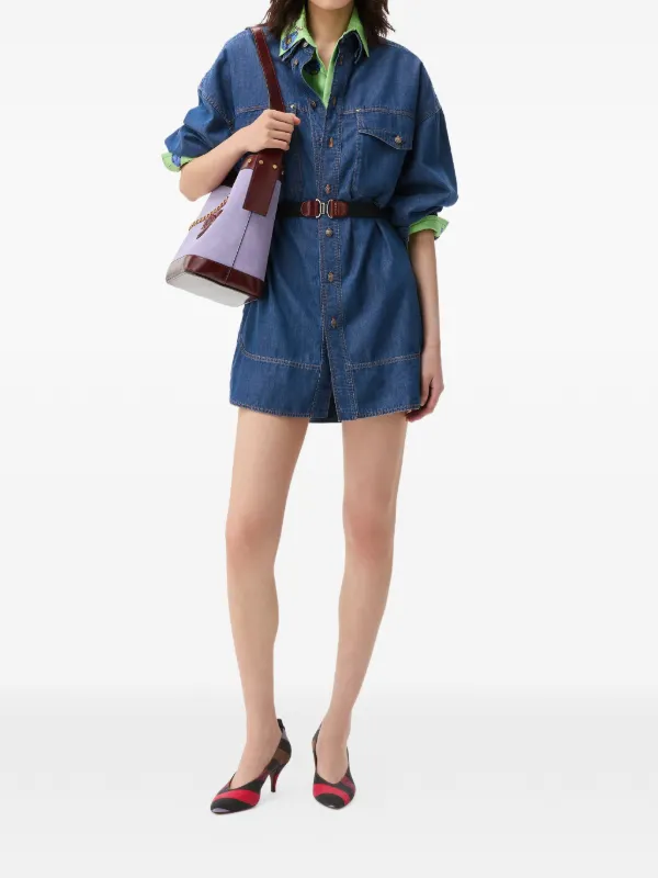 denim versace dress Suede-trimmed denim mini dress - mid denim