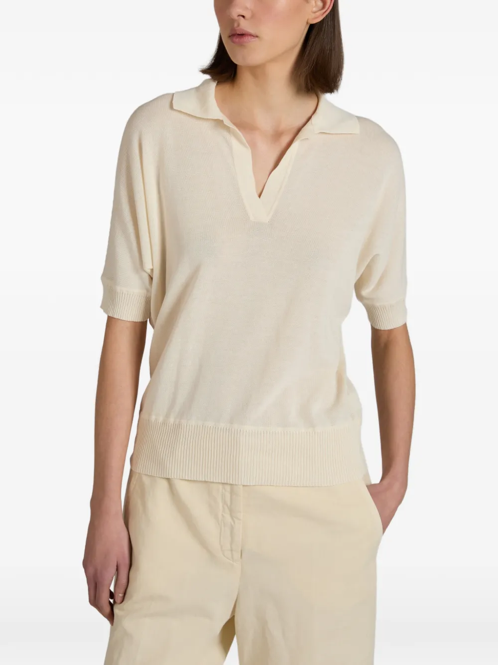  Slowear V-neck Crêpe Polo Top - Neutrals 