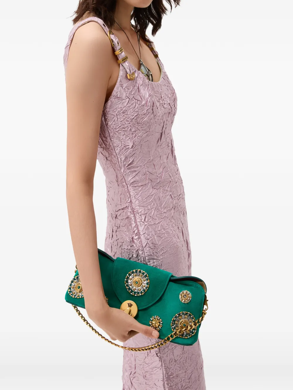 Versace Vivian Embroidered Suede Clutch in Green, view 2