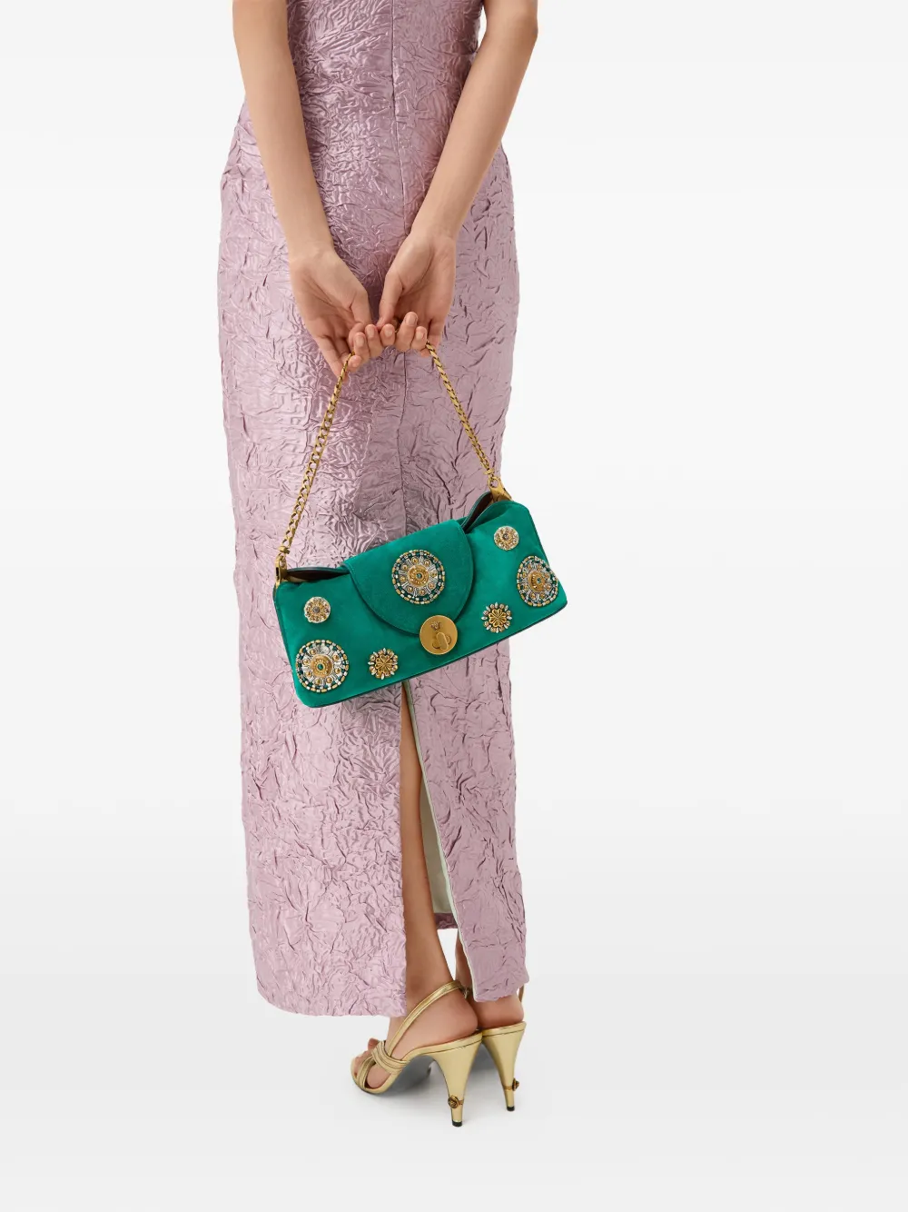 Versace Vivian Embroidered Suede Clutch in Green, view 3