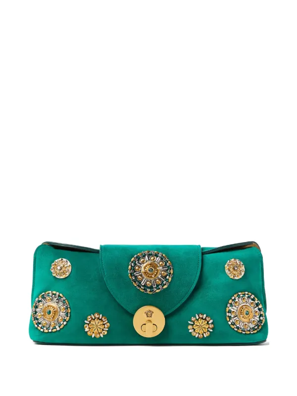 Versace Vivian Embroidered Suede Clutch in Green