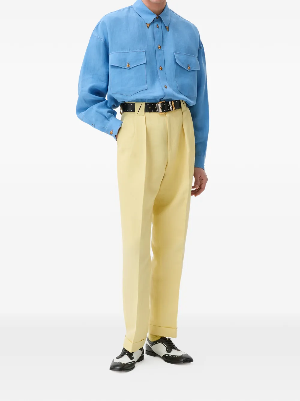 Versace Wollen-linnen broek Geel