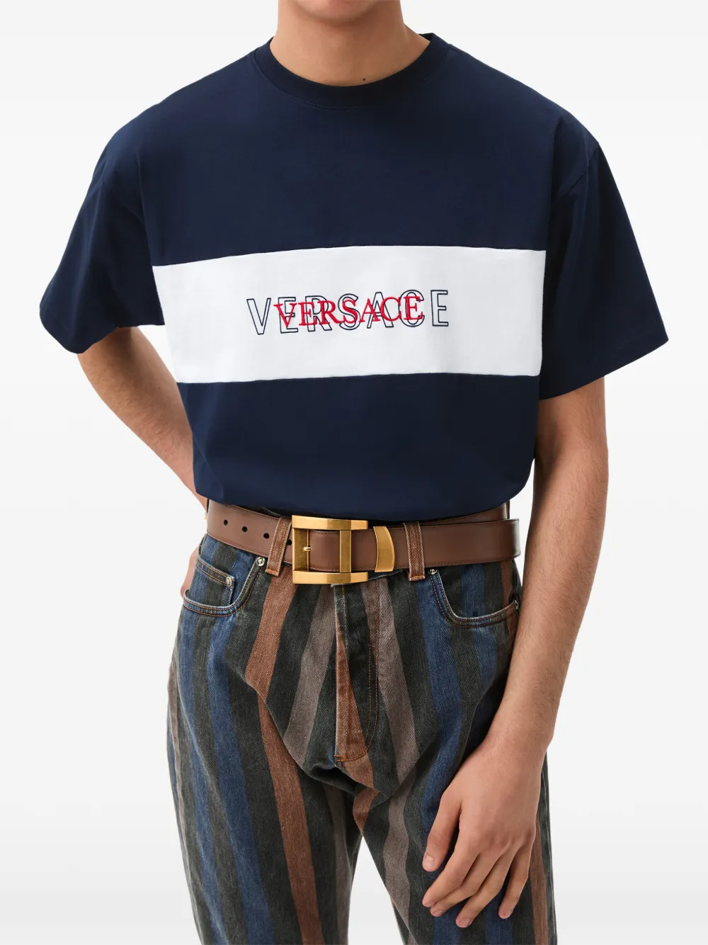 Versace Intarsia katoenen jersey T-shirt Blauw