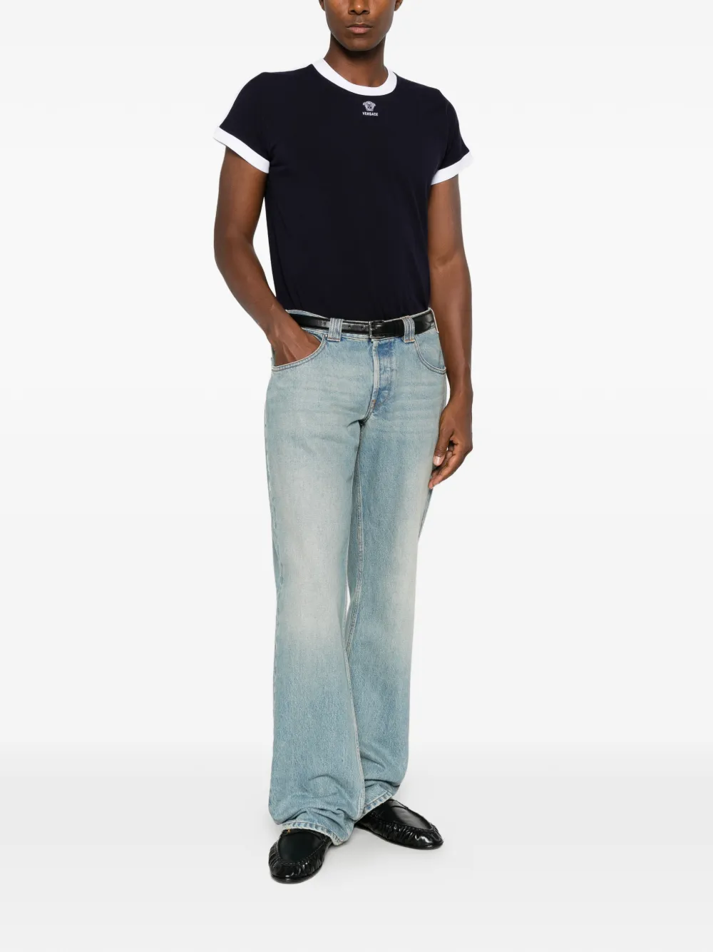 Versace Stretch katoenen-jersey T-shirt met geborduurd logo Blauw