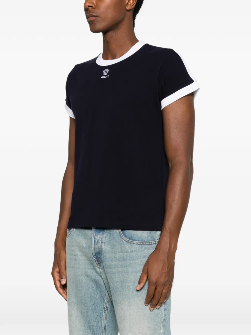 Versace Stretch katoenen-jersey T-shirt met geborduurd logo Blauw