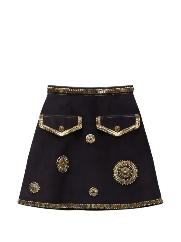 Versace Embroidered Suede Mini Skirt in Black