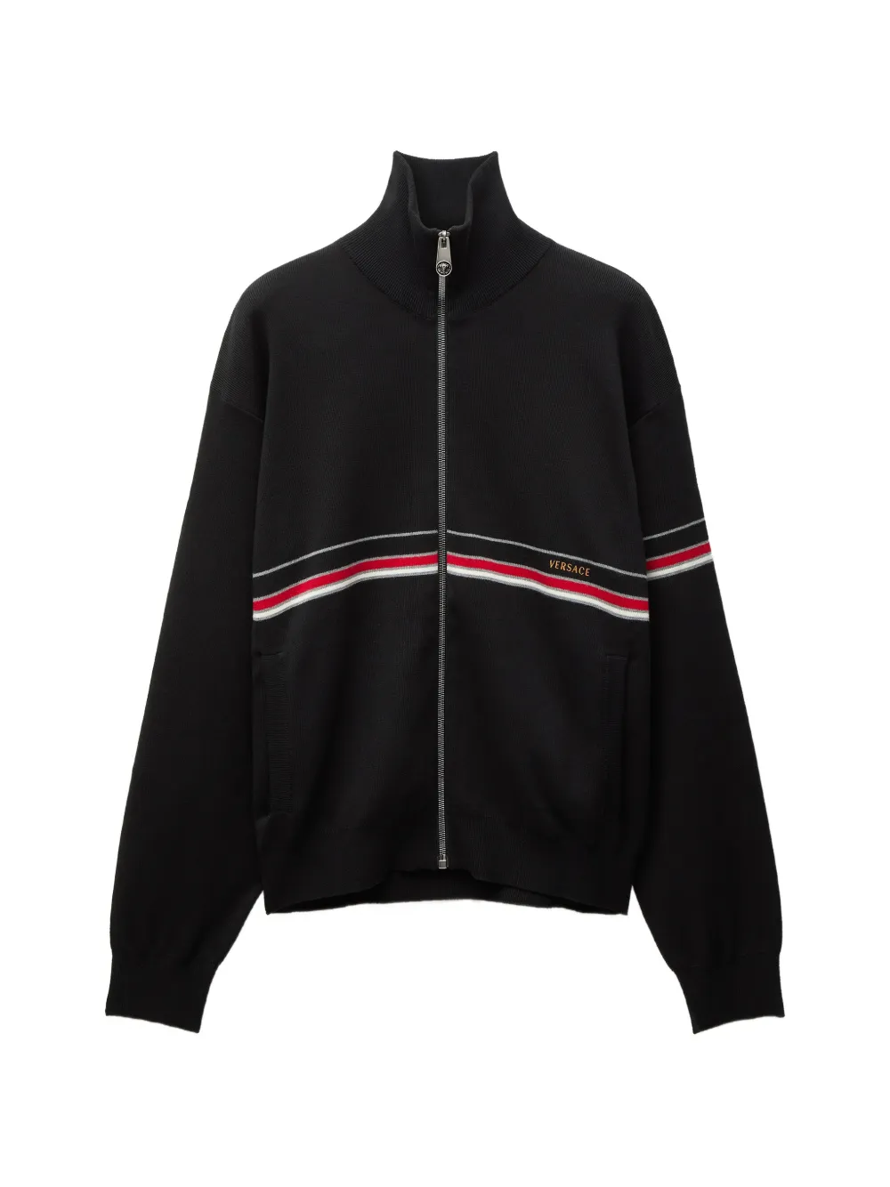 Versace Embroidered-logo Cotton-knit Zip Cardigan In Black