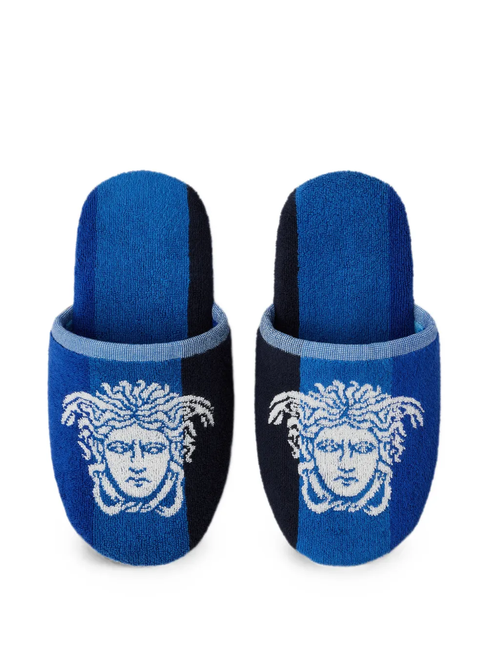 Versace Home Gestreepte katoenen badstof jacquard slippers Blauw