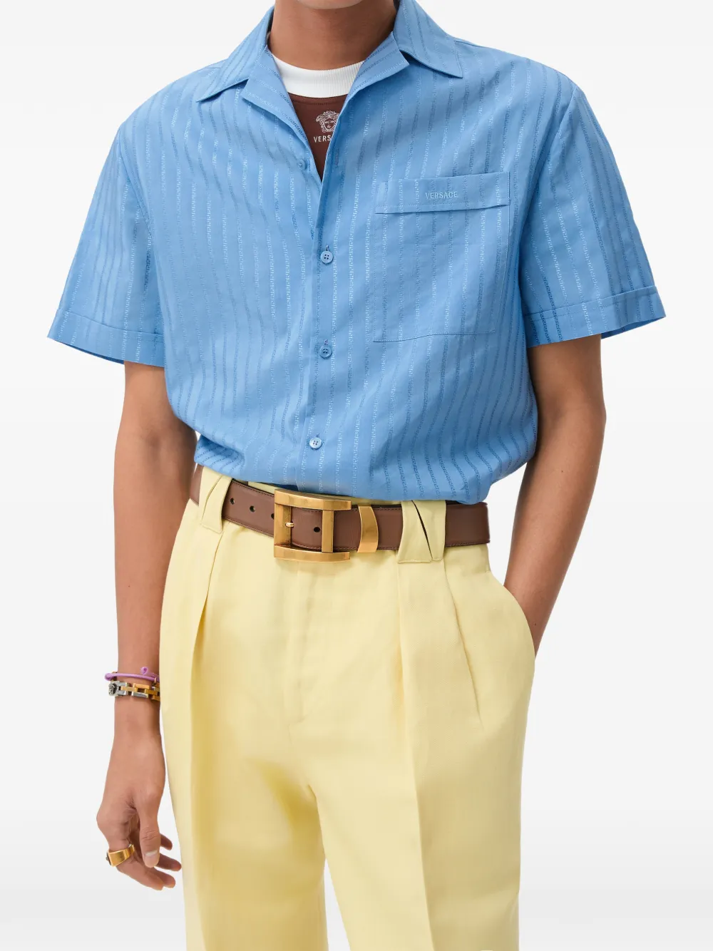 Versace Katoenen-zijden overhemd met jacquard Blauw