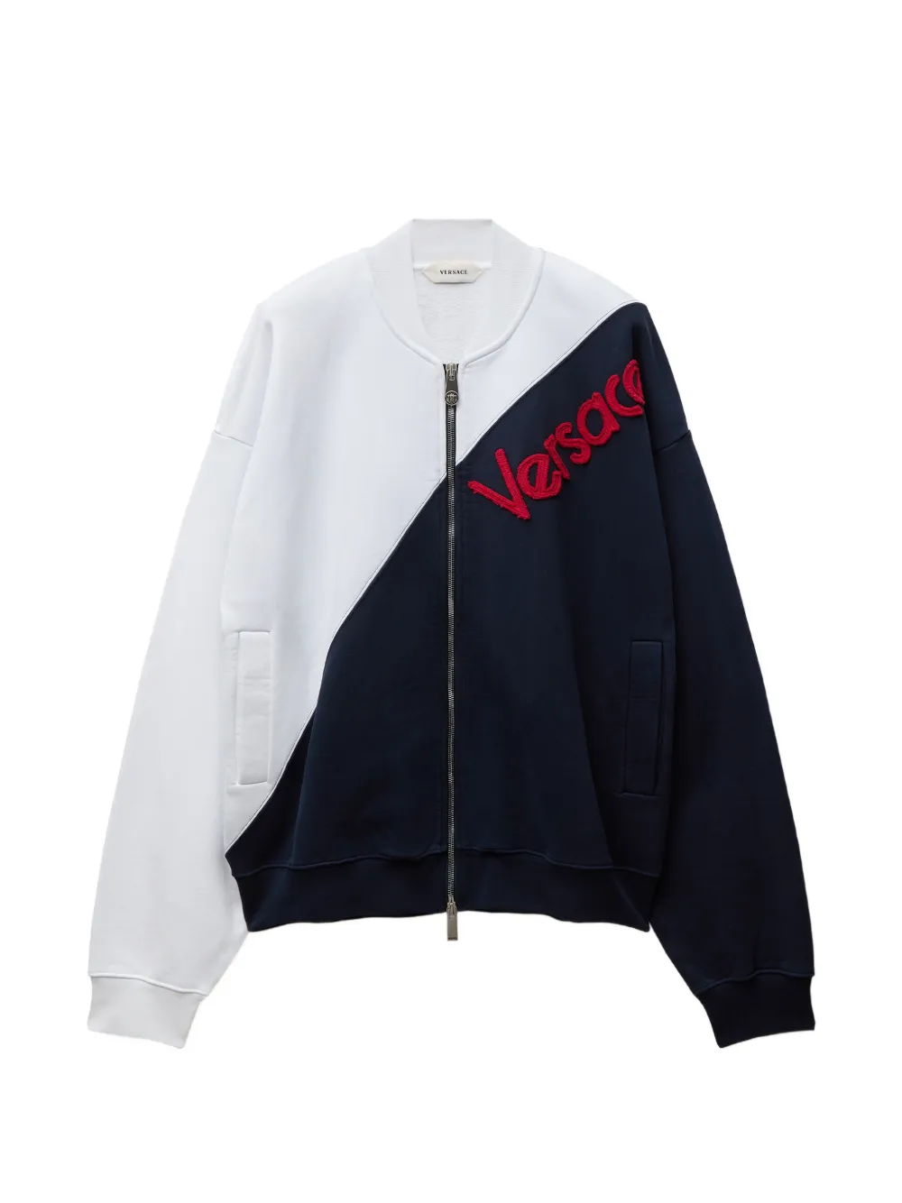 Versace Felpa in cotone con logo ricamato e zip - Bianco