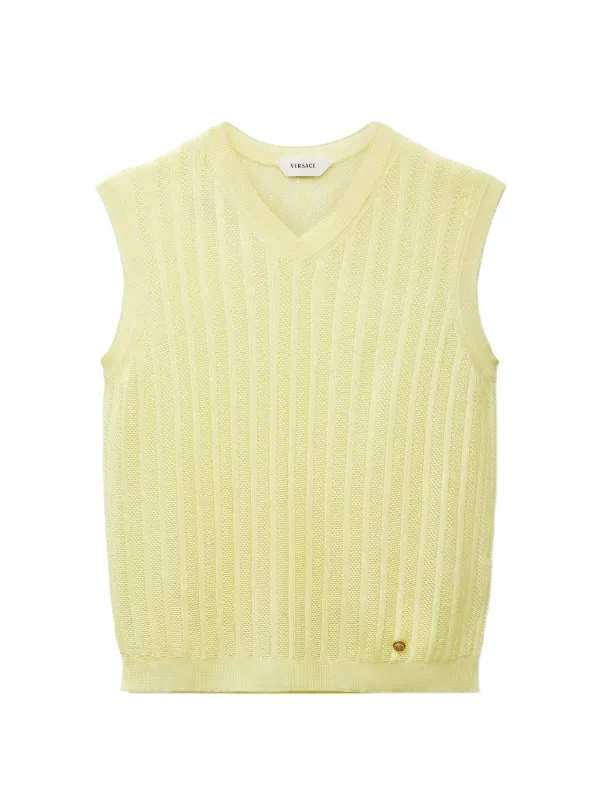 Versace Viscose Mesh Ribbed Knit Top in Yellow