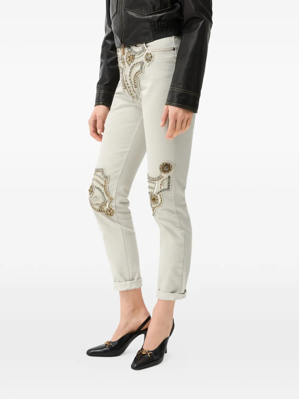 Versace Straight jeans met borduurwerk Beige